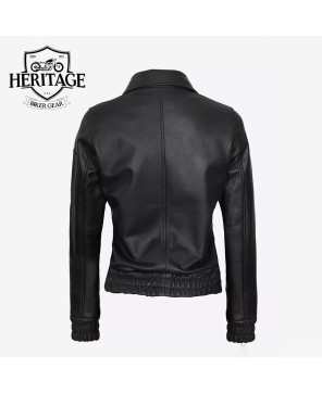 Women's Black Leather Bomber Trucker Jacket