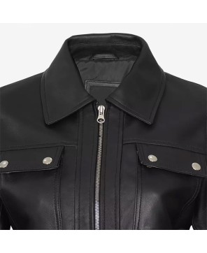 Women's Black Leather Bomber Trucker Jacket