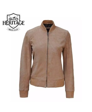 Stylish Camel Suede Bomber Jacket for Women