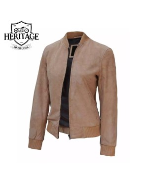 Stylish Camel Suede Bomber Jacket for Women