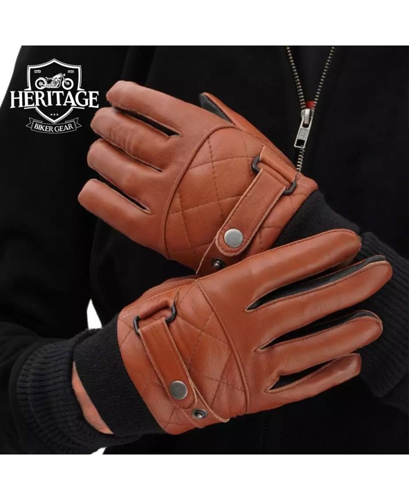 Tan Brown Quilted Leather Gloves for Men