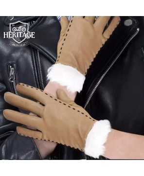 Brown Fur Leather Gloves for Women