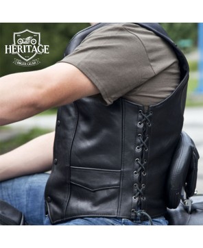 Men's Classic Leather Motorcycle Vest with Adjustable Laced Sides