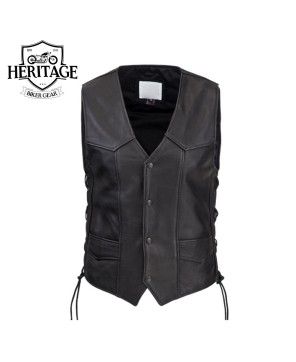 Men's Classic Leather Motorcycle Vest with Adjustable Laced Sides