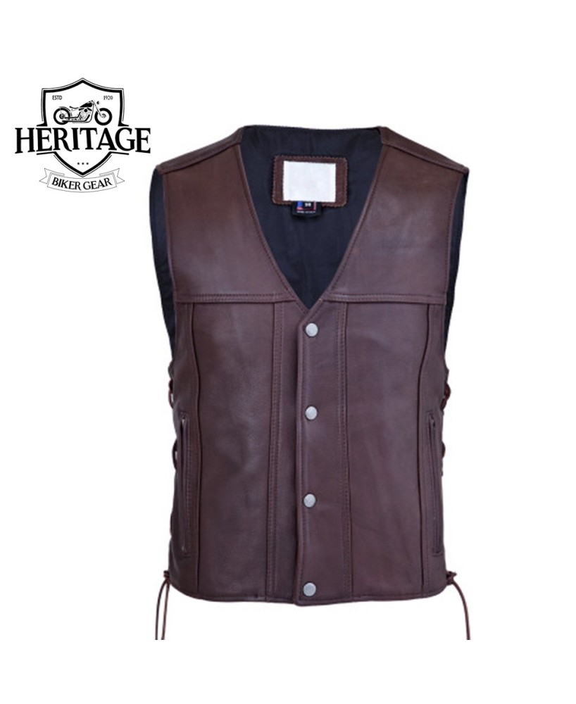 Premium Brown Cowhide Motorcycle Vest with Custom Snaps