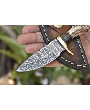 Handcrafted Damascus Skinner Knife with Stag Antler Handle