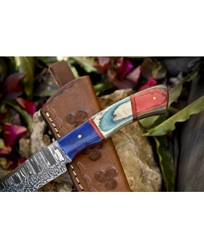 Handmade Twist Damascus Skinner Knife - Hardwood Handle, Micrata Bolst