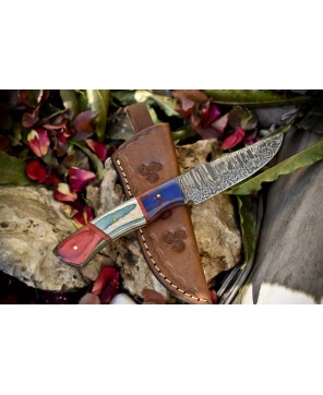 Handmade Twist Damascus Skinner Knife - Hardwood Handle, Micrata Bolst