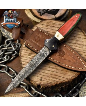 Handcrafted Twist Damascus Hunting Knife with Bone and Wood Handle