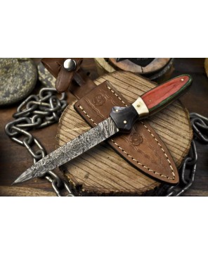 Handcrafted Twist Damascus Hunting Knife with Bone and Wood Handle