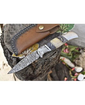 Twist Damascus Folding Knife, Bone & Wood Handle