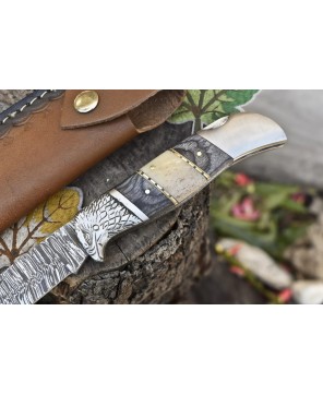 Twist Damascus Folding Knife, Bone & Wood Handle