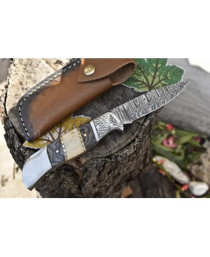 Twist Damascus Folding Knife, Bone & Wood Handle