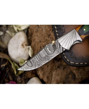 Twist Damascus Folding Knife, Hard Wood Handle