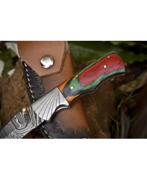 Twist Damascus Folding Knife, Hard Wood Handle