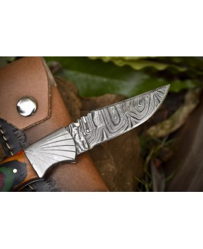 Twist Damascus Folding Knife, Hard Wood Handle