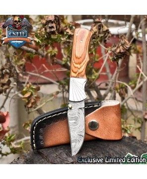 Twist Damascus Folding Knife, Olive Wood Handle