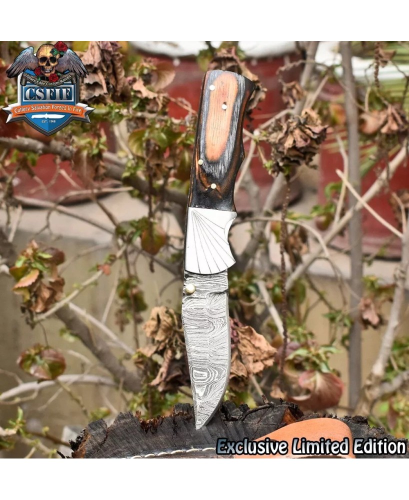 Twist Damascus Folding Knife, Hard Wood Handle