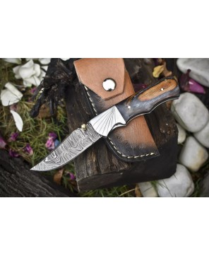 Twist Damascus Folding Knife, Hard Wood Handle