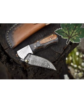 Twist Damascus Folding Knife, Hard Wood Handle