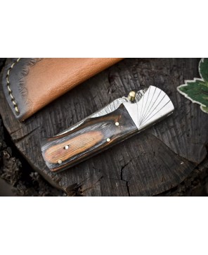 Twist Damascus Folding Knife, Hard Wood Handle