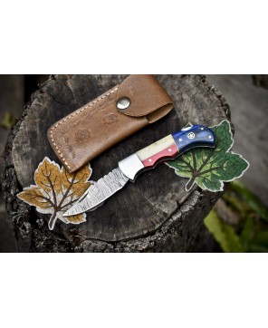 Twist Damascus Folding Knife, Bone and Wood Handle