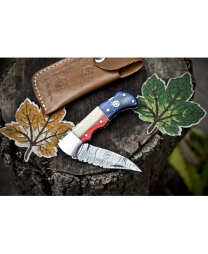 Twist Damascus Folding Knife, Bone and Wood Handle