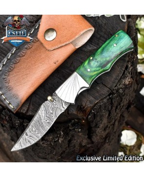 Twist Damascus Folding Knife, Hard Wood Handle