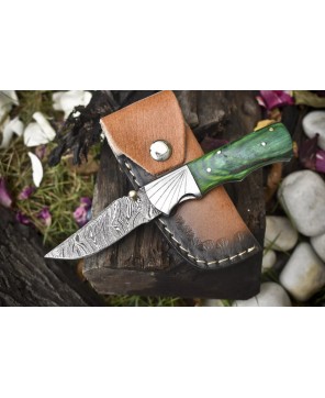 Twist Damascus Folding Knife, Hard Wood Handle