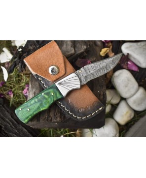 Twist Damascus Folding Knife, Hard Wood Handle