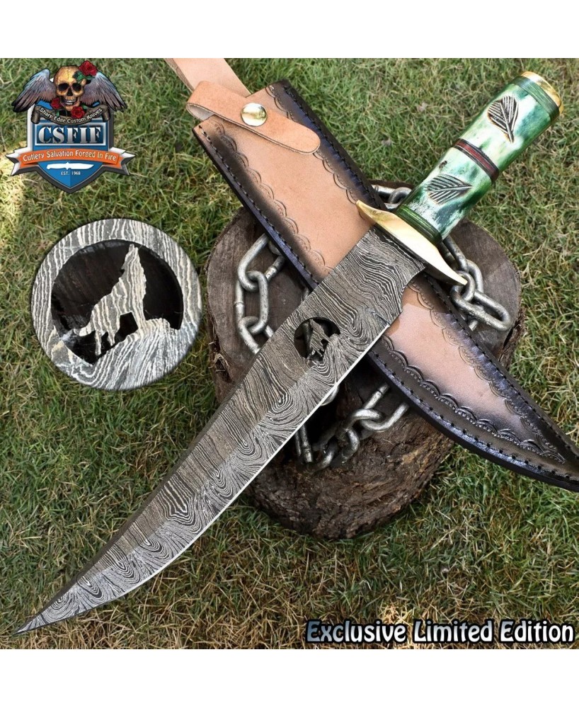 Twist Damascus Bowie Knife: Bone Handle, EDC