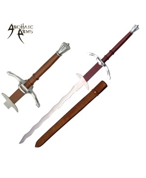 50" Flamberge Sword - Leather Handle & Chrome Finish, Includes Sheath