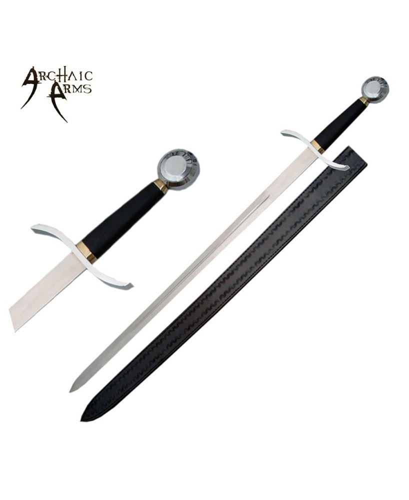 Silver Knight Sword - Black Handle, Silver Guard, Leather Sheath