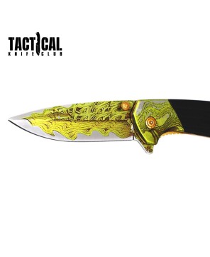 Premium Golden Damascus Spring Assisted Folding Knife - 8" Tactical Bl