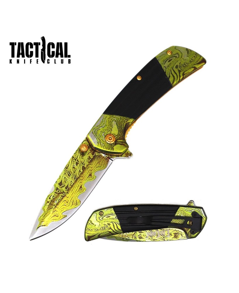 Premium Golden Damascus Spring Assisted Folding Knife - 8" Tactical Bl