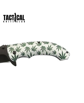 8" Cannabis Marijuana Leaf Pocket Knife - Spring Assisted Open, White