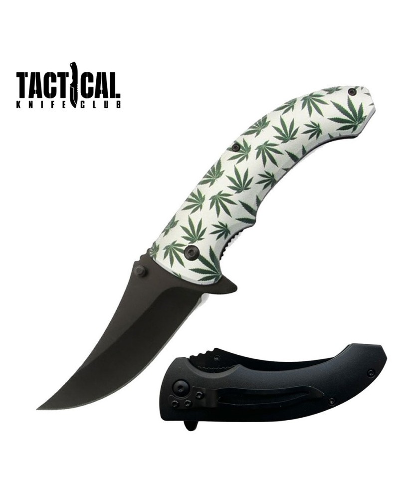 8" Cannabis Marijuana Leaf Pocket Knife - Spring Assisted Open, White