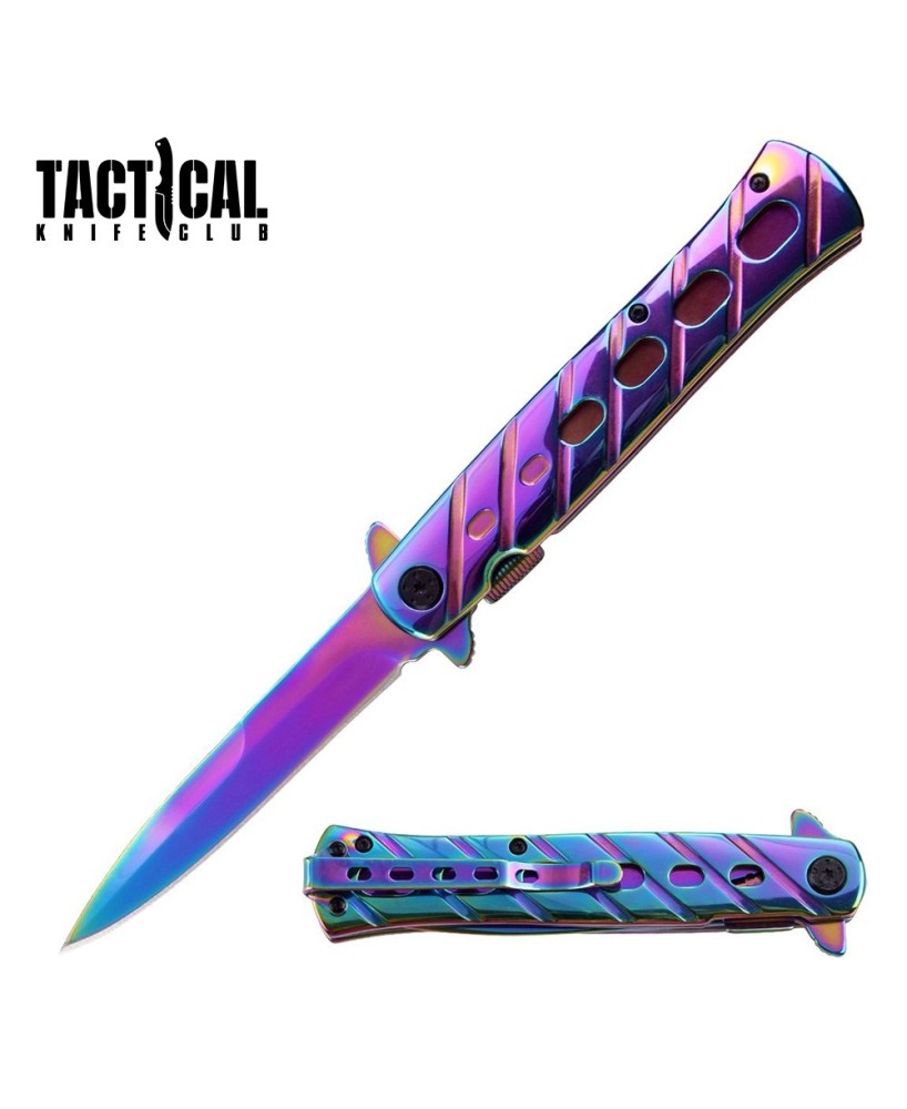 9" Titanium Rainbow Stiletto Pocket Knife - Spring Assisted