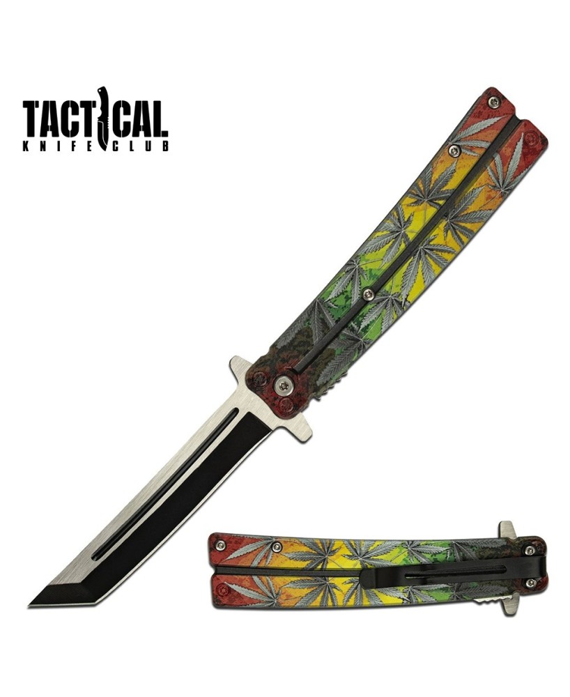 Spring Assist Tanto Blade Knife - Cannabis Leaf Design Handle