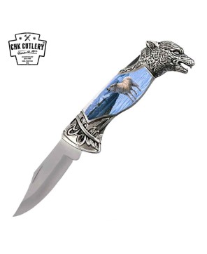 8" Wolf Head Lockback Knife - Silver Handle, Stainless Steel Blade