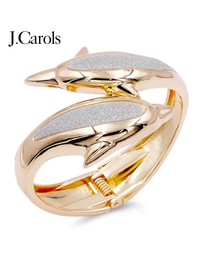 Gold Plated Glitter Dolphin Bangle | Crystal Accents