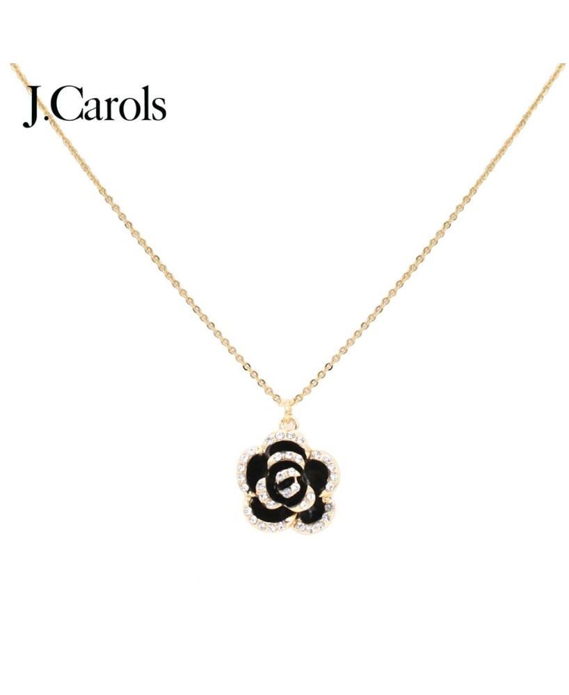 Gold Plated Black Rose Flower Pendant Necklace - Gold Black