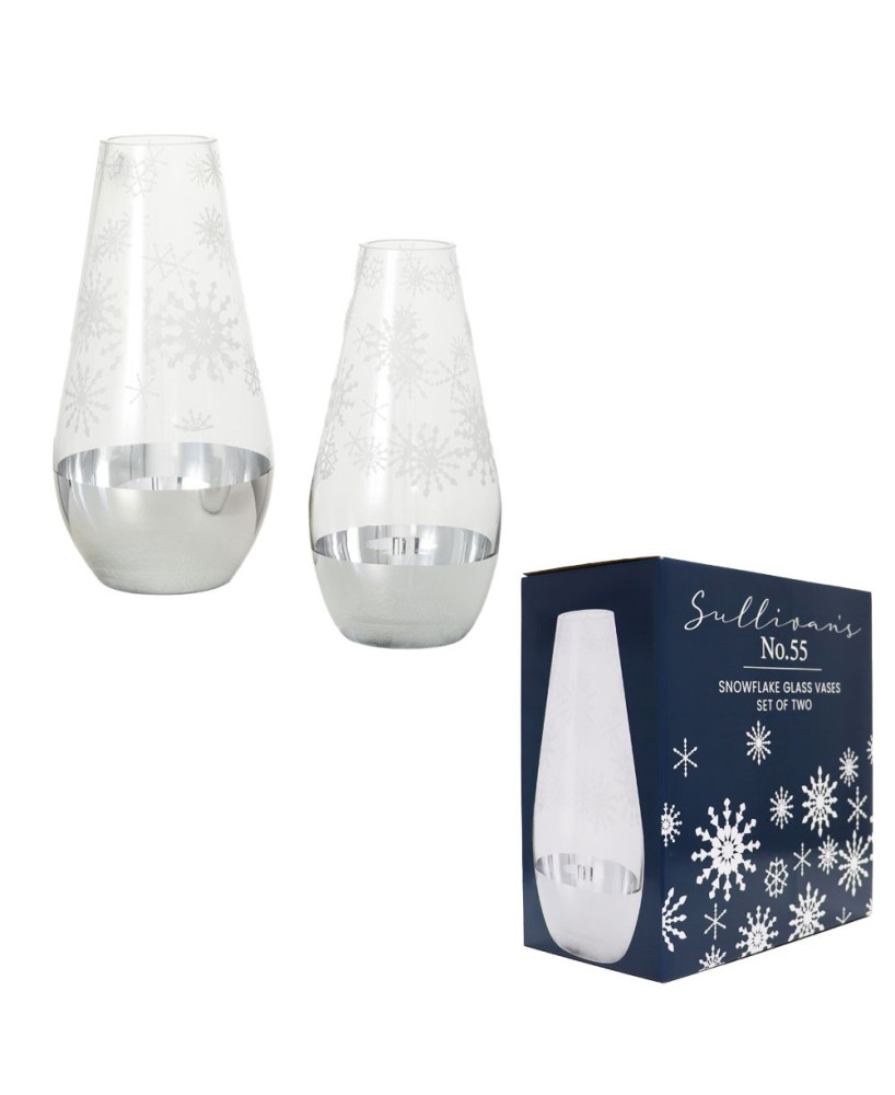 Elegant Glass Snowflake Vases - Set of 2 Clear & Silver