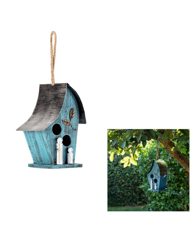 Alpine Blue Artful Birdhouse - Charming Wood & Metal Design with Rope