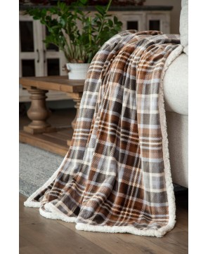 Gray & Chestnut Plaid Sherpa Throw - Cozy Home Decor