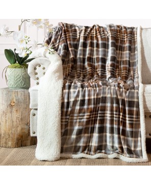 Gray & Chestnut Plaid Sherpa Throw - Cozy Home Decor