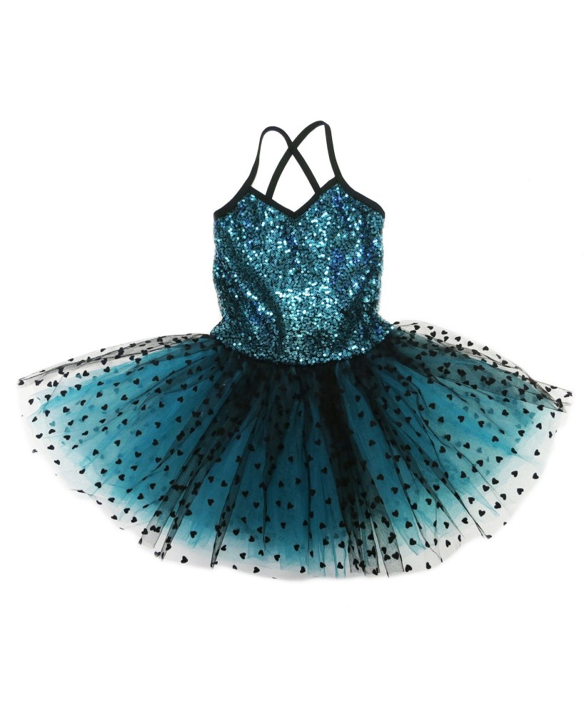 Teal/Black Sequins & Hearts Ballet Dress - Sparkling Dance Attire