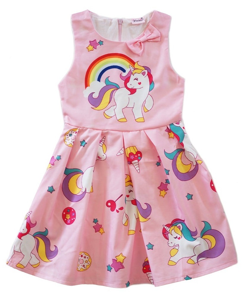 Pink Unicorn A-Line Cotton Dress for Girls - Magical Fantasy Outfit