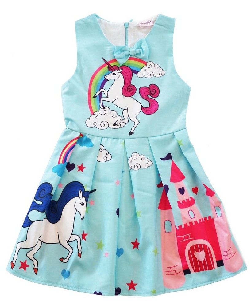 Blue Unicorn A-Line Cotton Dress for Girls - Magical Fantasy Outfit