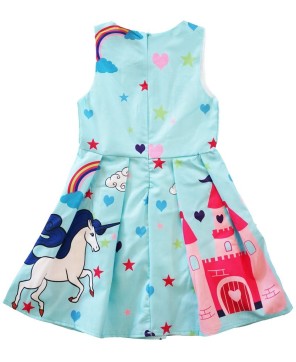 Blue Unicorn A-Line Cotton Dress for Girls - Magical Fantasy Outfit